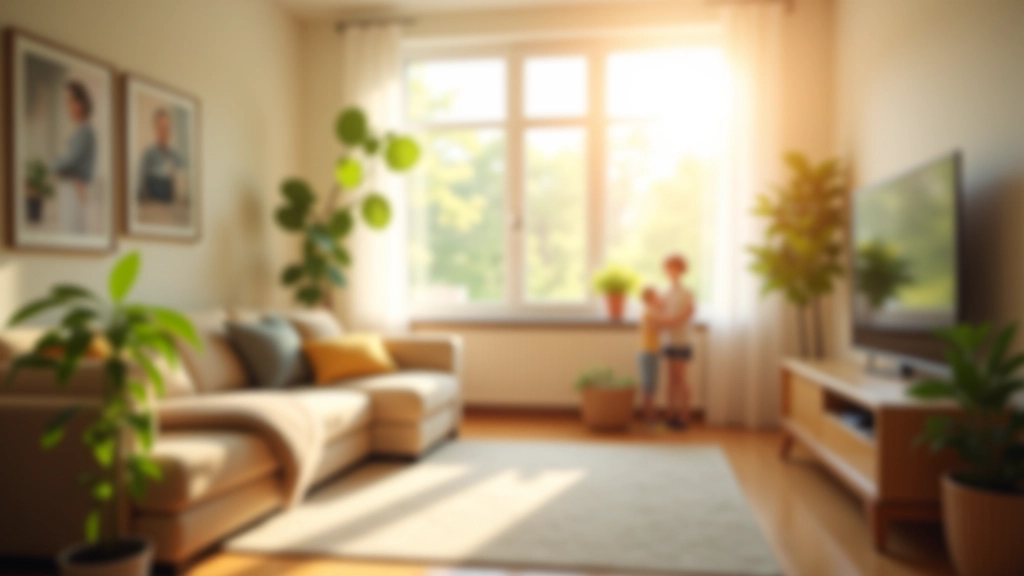 Rodina se dívá na nový byt v menším městě, usměvavé tváře, prosluněný pokoj s výhledem