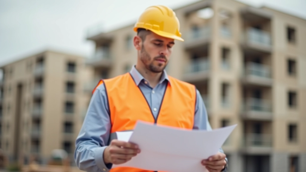 Inženýr v reflexní vesty prohlíží stavební plány na staveništi s bytovými domy v pozadí