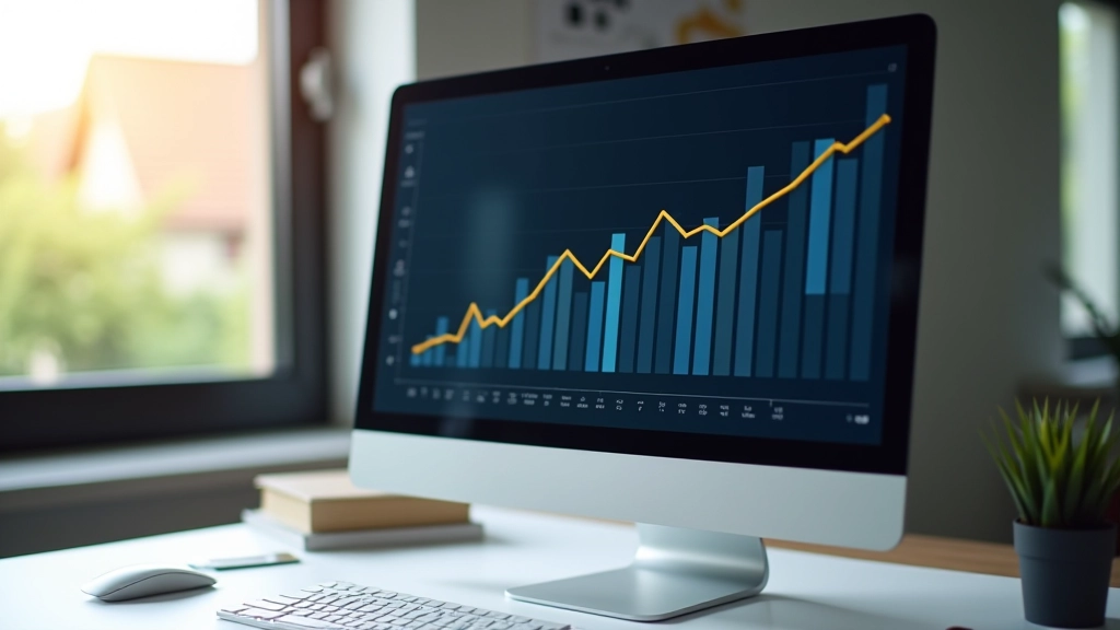 Interaktivní graf na počítačové obrazovce zobrazující růst cen nemovitostí v čase, moderní monitor v kancelářském prostředí
