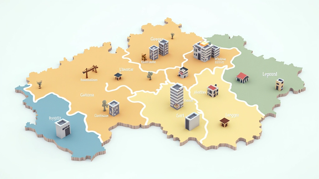 Mapa České republiky s vybranými regiony a ikonami představujícími stavební činnost