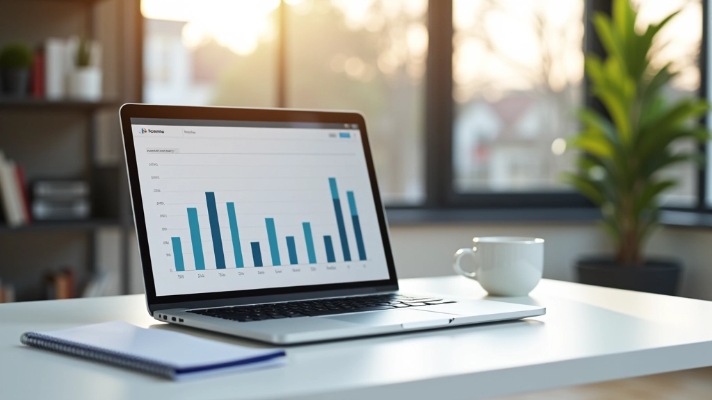 Moderní kancelářský prostor s počítačem a daty o nemovitostech na obrazovce