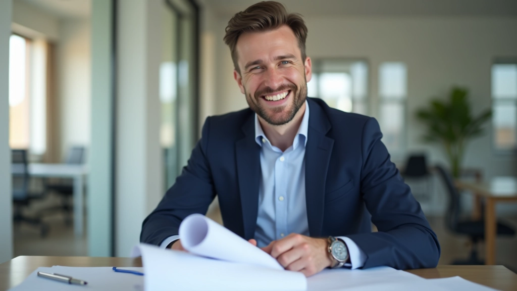 Profesionální fotografie pracovníka se stavebními plány a kalkulačkou, moderní kancelářské prostředí s přirozeným osvětlením